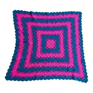 Handmade crocheted Afghan flowers and scalloped trim teal fuchsia unique granny